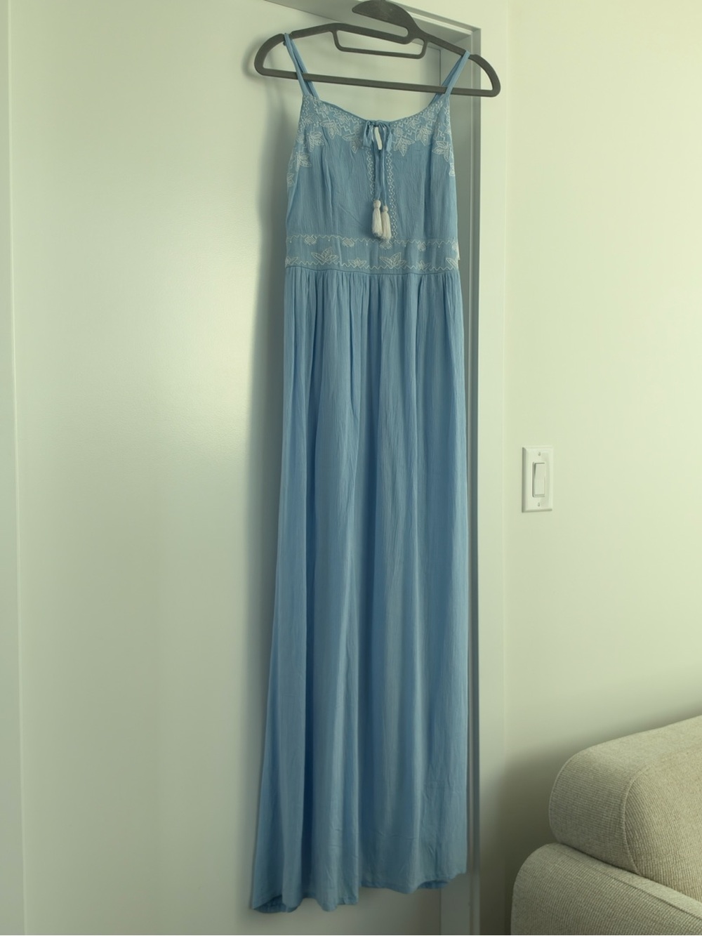 Light Blue Embroidered Spaghetti-Strap Maxi Dress